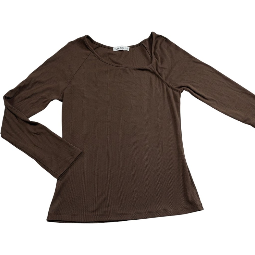 Luvamia Brown Ribbed Asymmetrical Neck Long Sleeve Top Slim Fit Raglan Tee